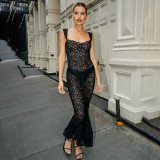 Sling lace sexy see-through slim dress fashion temperament hot girl fishtail long dress