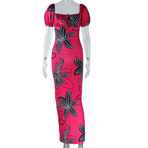Fashion printed sexy square neck short-sleeved long dress