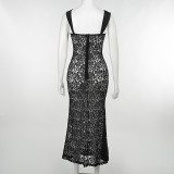 Sling lace sexy see-through slim dress fashion temperament hot girl fishtail long dress