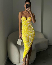 Sexy sequined backless irregular strapless evening dress