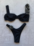 Bikini solid color underwire 3D flower split women's swimsuit