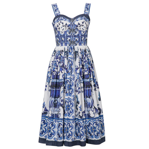 Retro printed suspender skirt sleeveless positioning printed ruffle dress