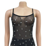 Solid color mesh rhinestone strap long dress