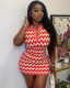Striped Print Short Sleeve POLO Collar Buttoned High Waist Slim Fit Bodycon Dress