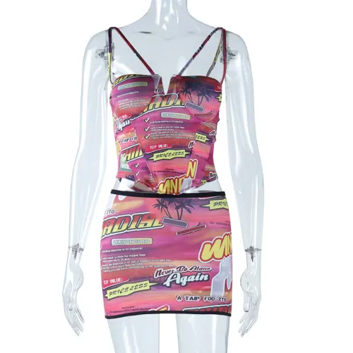 Sleeveless straps top printed sexy skirt two-piece set