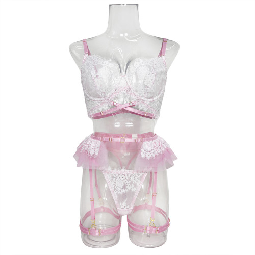 Fashionable mesh embroidered girl garter belt sexy lingerie set