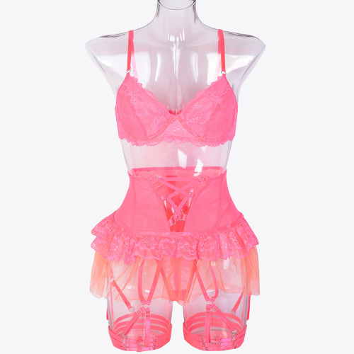 Lace and mesh tutu skirt with straps and criss-cross four-piece lingerie set
