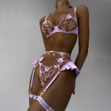 Embroidered satin patchwork sexy strappy bra set