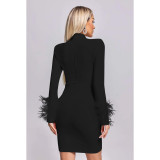 Solid color mesh long sleeve feather short evening dress