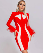 Solid color mesh long sleeve feather short evening dress