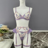 Embroidered satin patchwork sexy strappy bra set