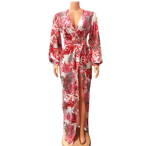 Sexy v-neck printed long-sleeved long maxi dress