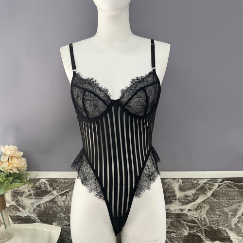 bodysuit mesh striped one-piece teddy lingerie