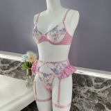 Embroidered satin patchwork sexy strappy bra set