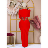 Solid color mesh see-through long-sleeved long evening dress