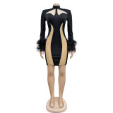 Solid color mesh long sleeve feather short evening dress