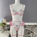 Embroidered satin patchwork sexy strappy bra set