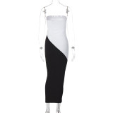 Contrast color patchwork strapless long slim fit bodycon dress