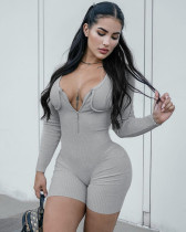 Fashionable zipper u-neck long-sleeved rompers solid color jumpsuit