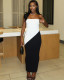 Contrast color patchwork strapless long slim fit bodycon dress