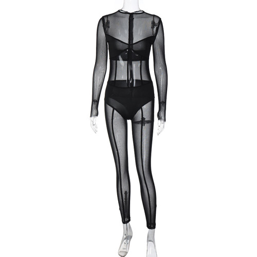 Long-sleeved mesh trousers sexy see-through jumpsuit