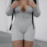 Fashionable zipper u-neck long-sleeved rompers solid color jumpsuit