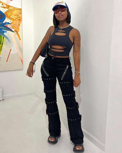 Street Fashion High Waist Eyelet Button Slim Straight Denim Trousers