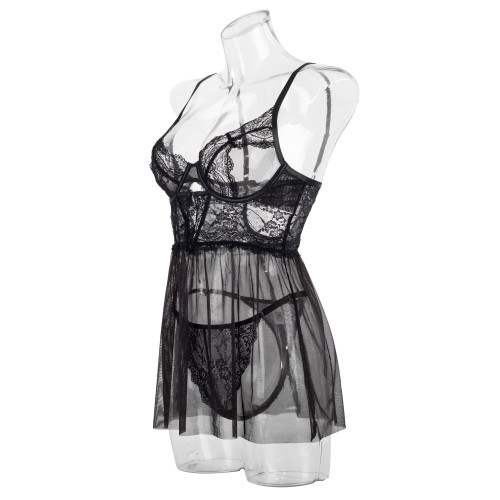Sexy fashionable erotic lingerie lace mesh see-through suspender pajama dress two-piece set