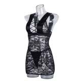 Sexy women's lingerie cross strap lace satin patchwork nightgown