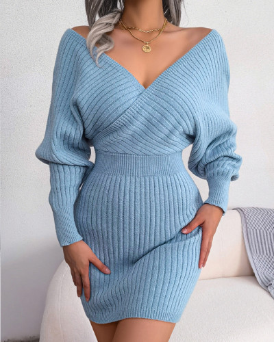 Sexy V-neck bat sleeves bodycon sweater dress