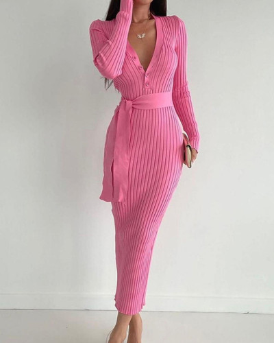 Belted buttoned maxi dress Slim-fitting knit pitted long-sleeve dress