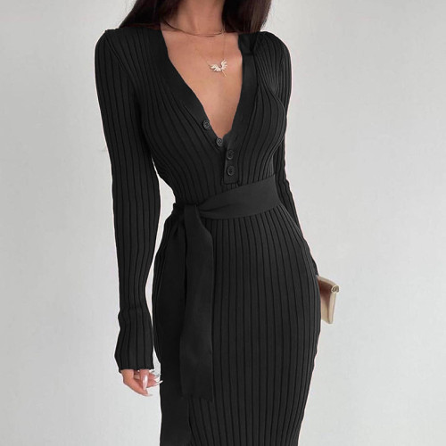 Belted buttoned maxi dress Slim-fitting knit pitted long-sleeve dress