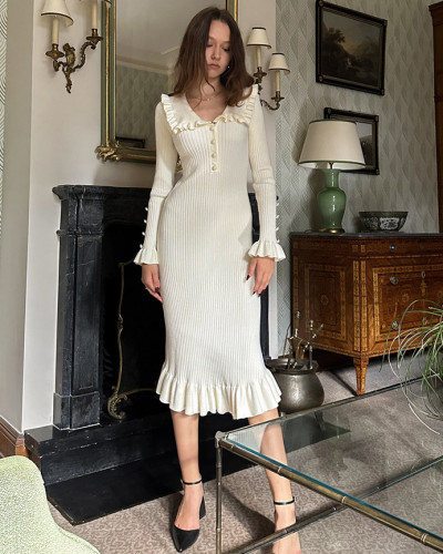 Ruffled knitted dress autumn and winter sweater retro French dress
