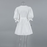 White button-down V-neck puff-sleeve elegant high waist dress