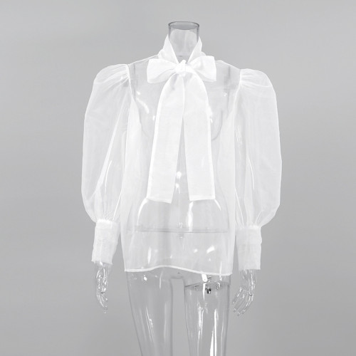 Sexy see-through mesh long-sleeved top puff-sleeved bow blouse