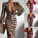 Printed sexy V-neck long bodycon slit party dress