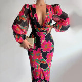 Printed sexy V-neck long bodycon slit party dress