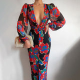 Printed sexy V-neck long bodycon slit party dress