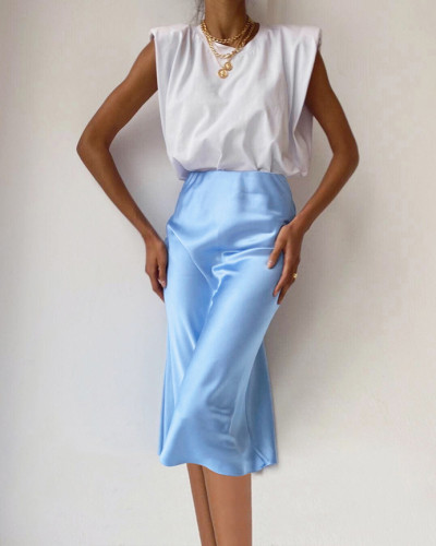 Long high-waisted satin slim fit casual drape maxi skirt