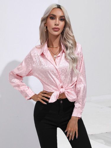 Leopard print satin top women's long sleeve blouse