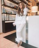 Satin pajamas for women, removable feather long-sleeved trousers two-piece loungewear