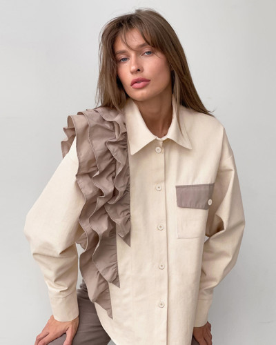 French asymmetrical autumn and winter loose top Contrast color casual cotton blouse