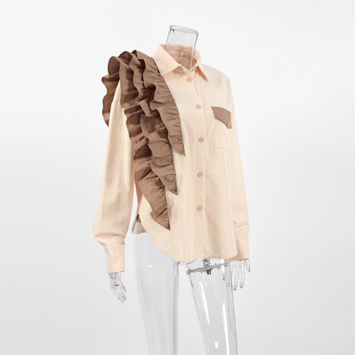French asymmetrical autumn and winter loose top Contrast color casual cotton blouse