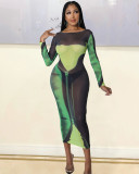 Fashionable and Sexy Mesh Printed Long Sleeve Long Bodycon Dress for Women