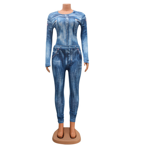 Sexy tight printed bodysuit two piece set