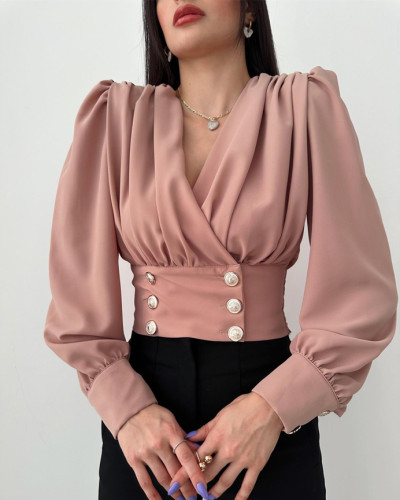 Women's V-neck sexy long-sleeved puff-sleeve solid color pleated blouse