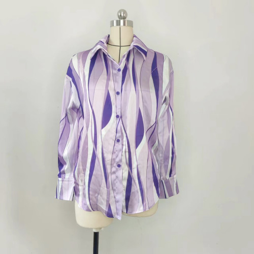 Vertical striped loose cardigan digital print blouse