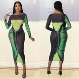 Fashionable and Sexy Mesh Printed Long Sleeve Long Bodycon Dress for Women