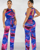 Printed sexy sleeveless belted jumpsuit