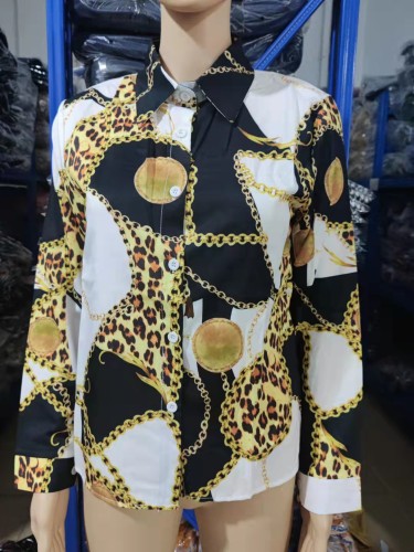 Spring and Autumn Long Sleeve Geometric Print Temperament Single Breasted Blouse for Women